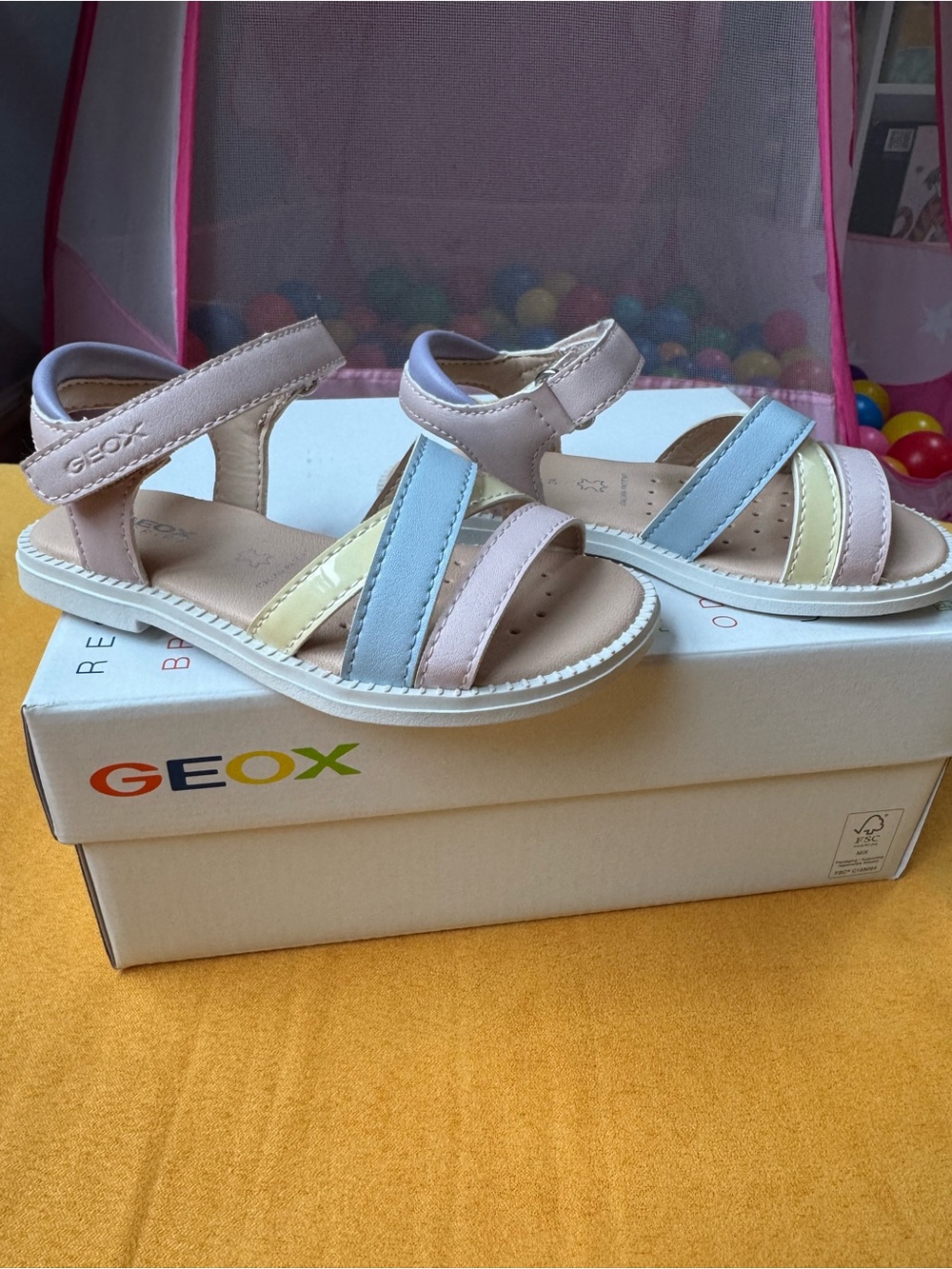 Geox Kids Pastel Leather Multi-Strap Sandals in Pink, Blue & Yellow